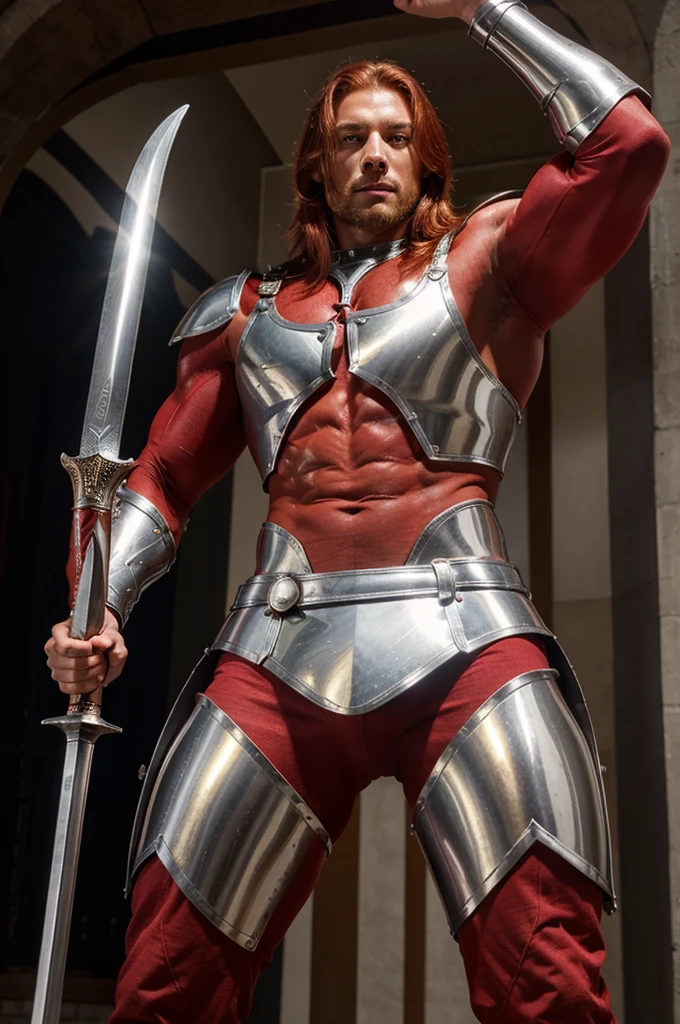 man, Hombre guapo con un cuerpo muscular, muscular, Red hair, golden eyes, wearing silver and red armor, With a sword in one hand and a shield in the other. naked torso, pants and leg armor.