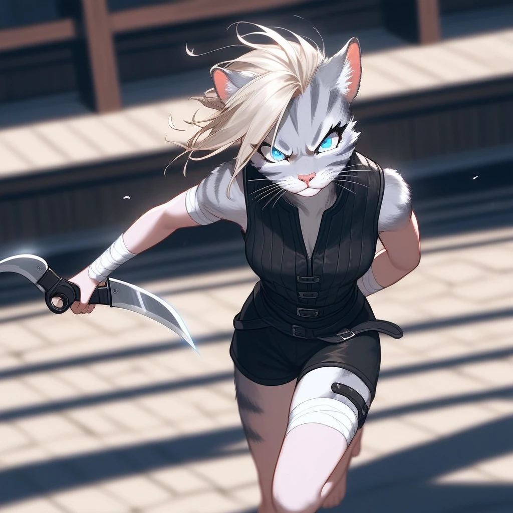 Solo, score_9,score_8_up,score_7_up, source_cartoon, cartoon, kat, Anthro furry feline, female, tall slender body, long blonde hair, long undercut hair, pink nose, blue eyes, white whiskers, silver fur, grey stripes, furry body, wearing black cloth vest, black leather medieval vest, black short shorts, adventuring gear, feet wrapped in bandages, plantigrade feet paws, holding two knives, Naruto running, running towards viewer, angry expression, glowing blue eyes, outdoors, from above, dynamic action shot, speed lines, motion blur, hands behind back