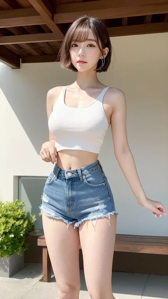 masterpiece, 　Ultra HD,　high quality,　High resolution,　Realistic Face,　Japanese Idol, 　K-POPアイドル,Korean Makeup,　Clear skin,　Pink Short Hair,   Full body photo　(Blue Denim Shorts), Small breasts,thick lips,（(Totally Miyawaki Sakura 2.0)), (Plain white tank top) ,White sneakers underboob, ((Arching the back))
