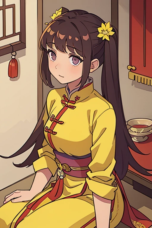 ( Best Quality, ancient china, A girl), loose hair, Brown hair, tender lilac eyes, yellow chinese dress
