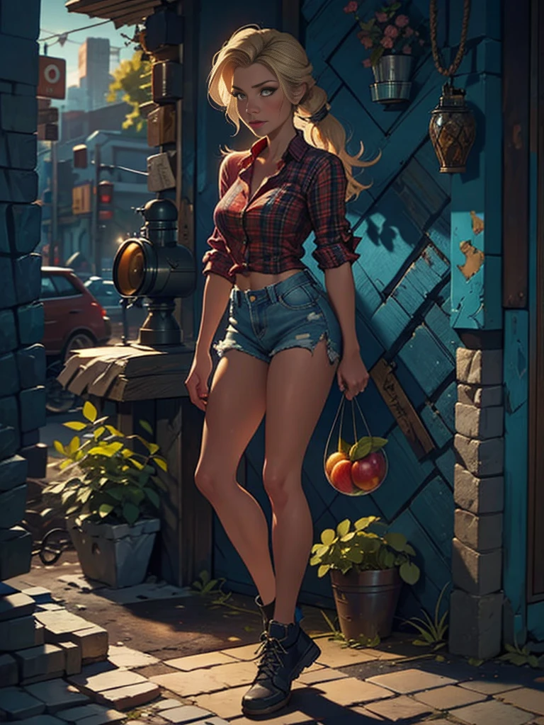2076 year. The Urban Ruins of the Wasteland, Female huntress picking fruit in the garden, beautiful face, blonde, very torn shirt and denim shorts, shirt in tatters , long legs, sweating through, sun rising, Nice warm colors, head to toe full body shot