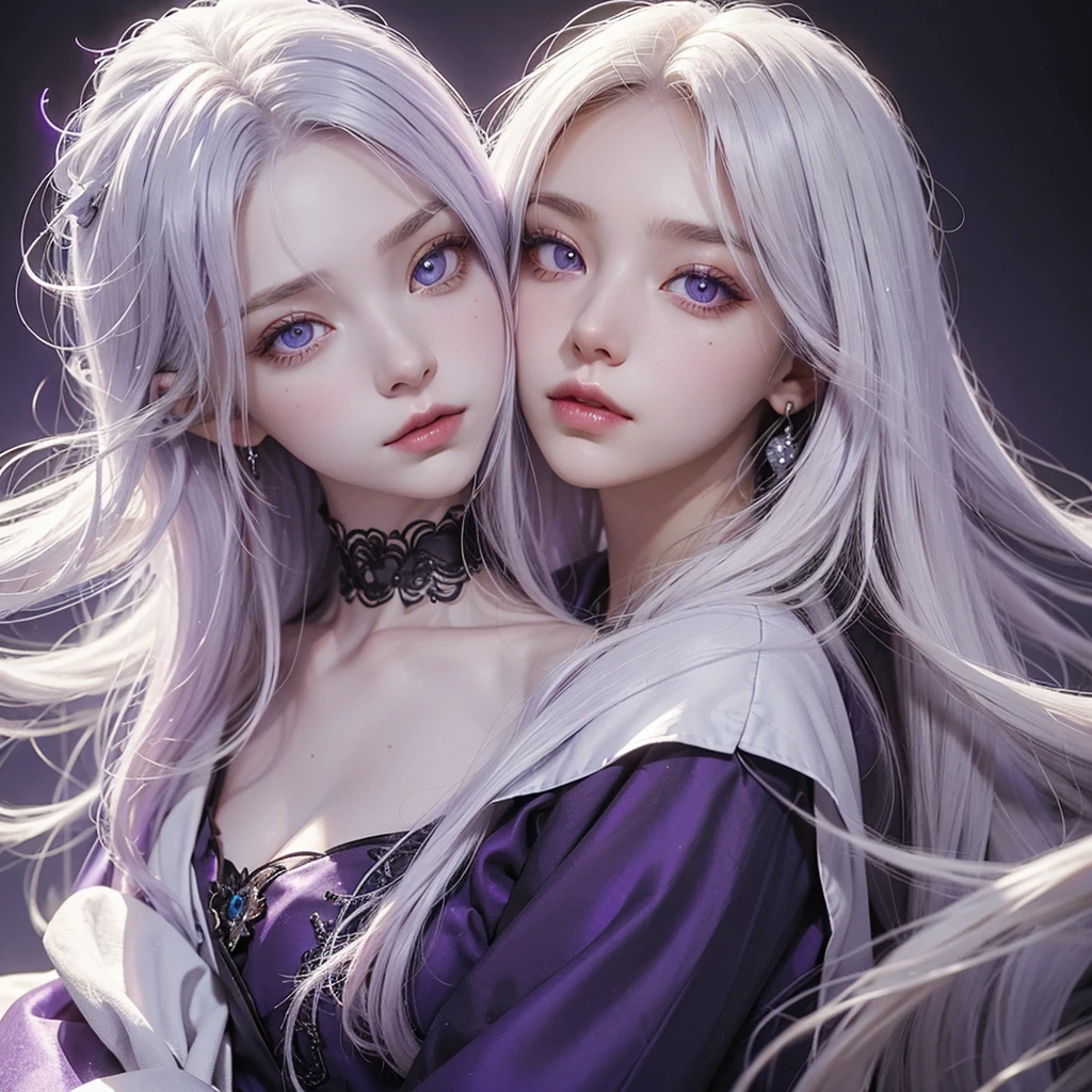 A girl with purple magic around her,pale skin,white hair, highest detailed hair, long hair,white iris,eyes with a very light shade of purple with extreme detail,coloured,very detailed scenery