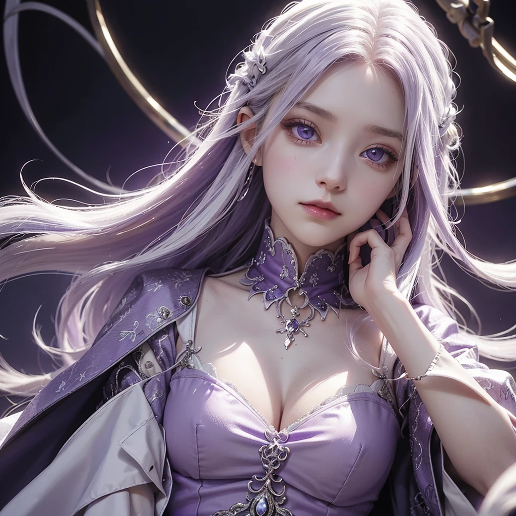 A girl with purple magic around her,pale skin,white hair, highest detailed hair, long hair,white iris,eyes with a very light shade of purple with extreme detail,coloured,very detailed scenery