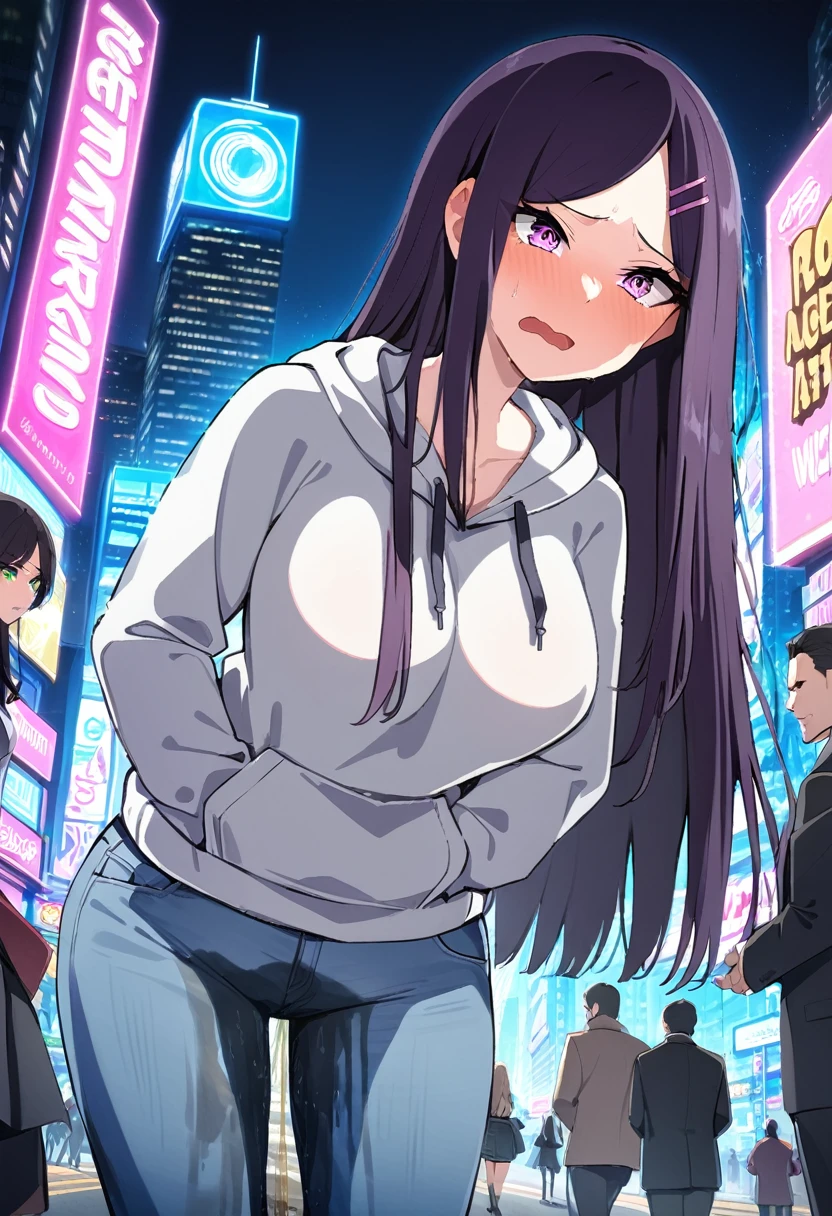 (masterpiece:1.37), best quality, (extremely detailed:1.37), (1girl:1.5), woman, (mature:1.5), (adult:1.5), large breasts, very long hair, (straight hair:1.5), dark purple hair, purple eyes, (extremely detailed eyes:1.37), hoodie, jeans, desperation, (wetting self:1.5), standing, embarrassed, humiliation, blushing, angry, city, futuristic, neon lighting, high-tech, street, skyscraper