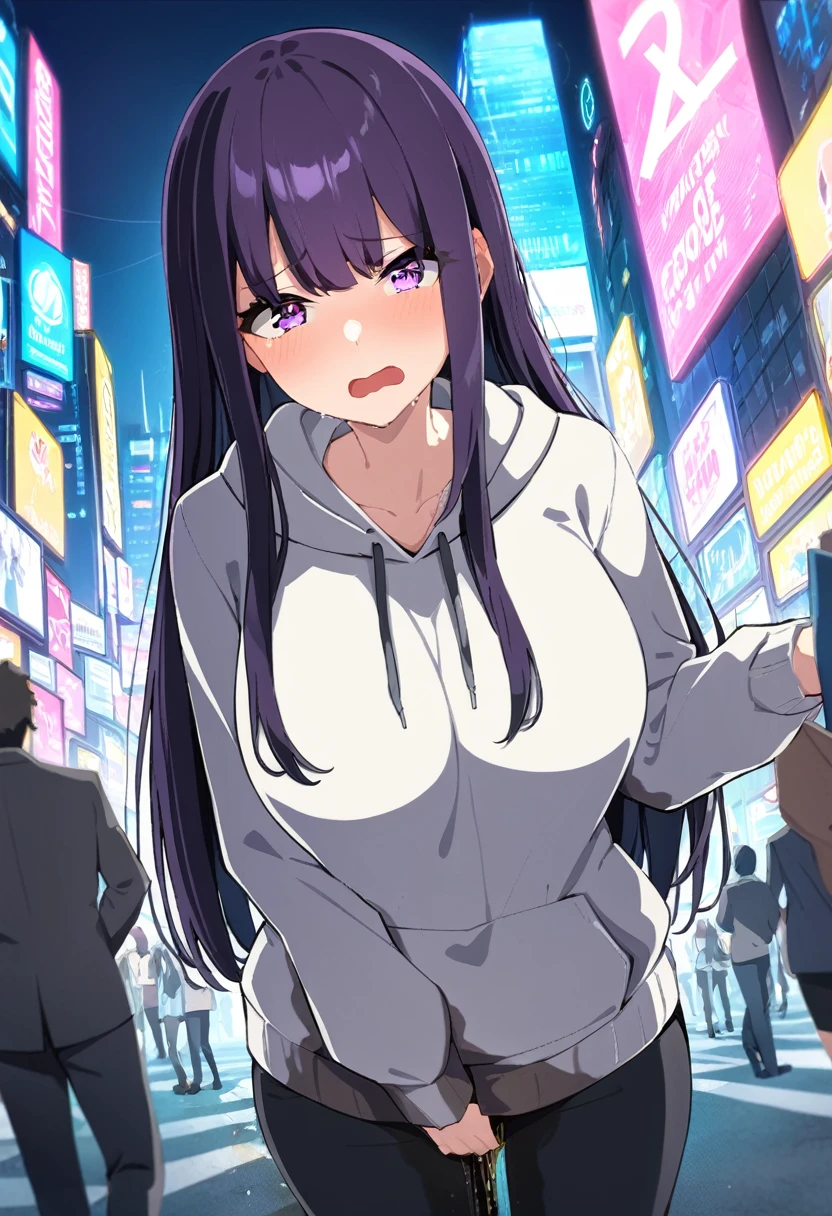 (masterpiece:1.37), best quality, (extremely detailed:1.37), (1girl:1.5), woman, (mature:1.5), (adult:1.5), large breasts, very long hair, (straight hair:1.5), dark purple hair, purple eyes, (extremely detailed eyes:1.37), hoodie, jeans, desperation, (wetting self:1.5), standing, embarrassed, humiliation, blushing, angry, city, futuristic, neon lighting, high-tech, street, skyscraper
