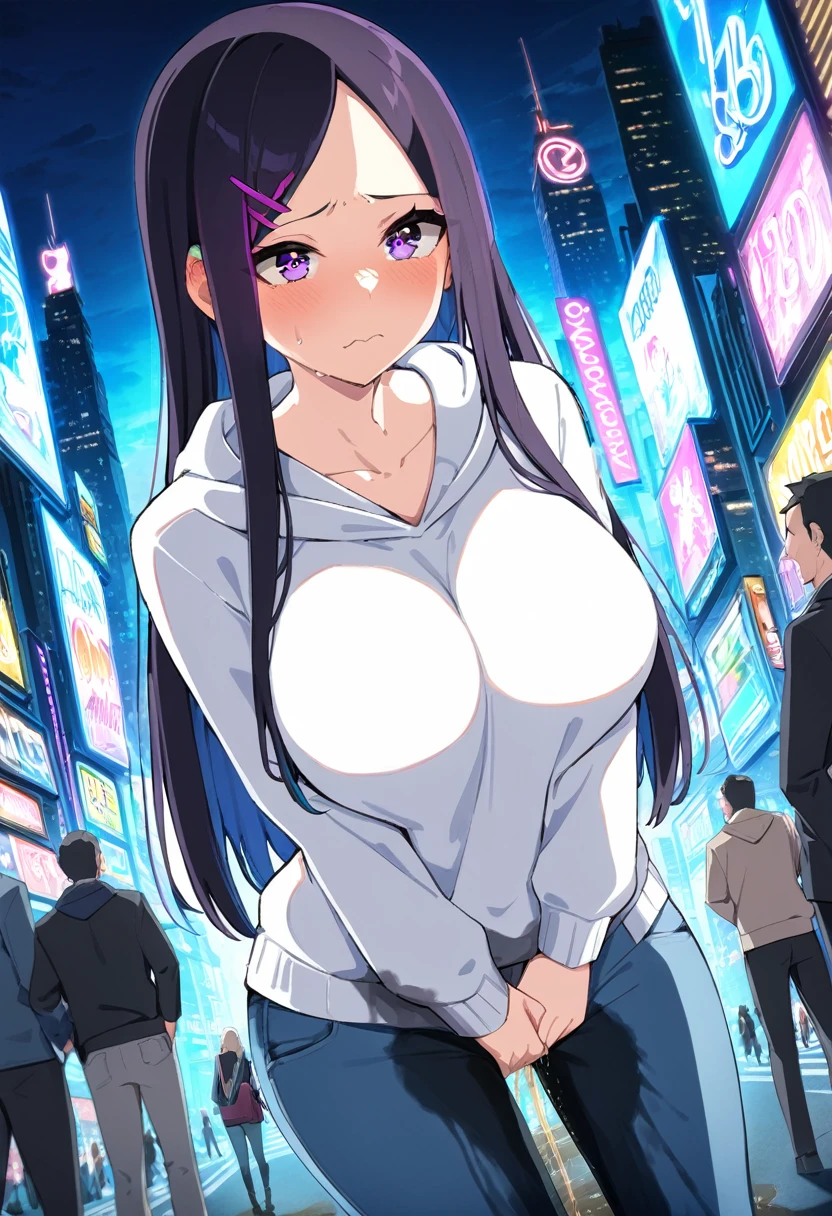 (masterpiece:1.37), best quality, (extremely detailed:1.37), (1girl:1.5), woman, (mature:1.5), (adult:1.5), large breasts, very long hair, (straight hair:1.5), dark purple hair, purple eyes, (extremely detailed eyes:1.37), hoodie, jeans, desperation, (wetting self:1.5), standing, embarrassed, humiliation, blushing, angry, city, futuristic, neon lighting, high-tech, street, skyscraper