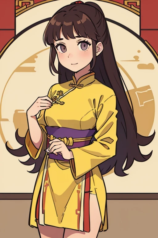 ( Best Quality, ancient china, A girl), loose hair, Brown hair, tender lilac eyes,yellow chinese dress