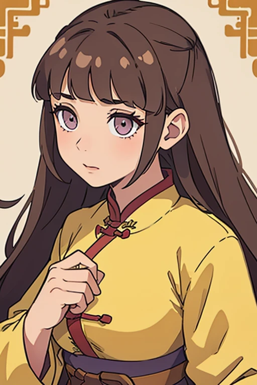 ( Best Quality, ancient china, A girl), loose hair, Brown hair, tender lilac eyes,yellow chinese dress