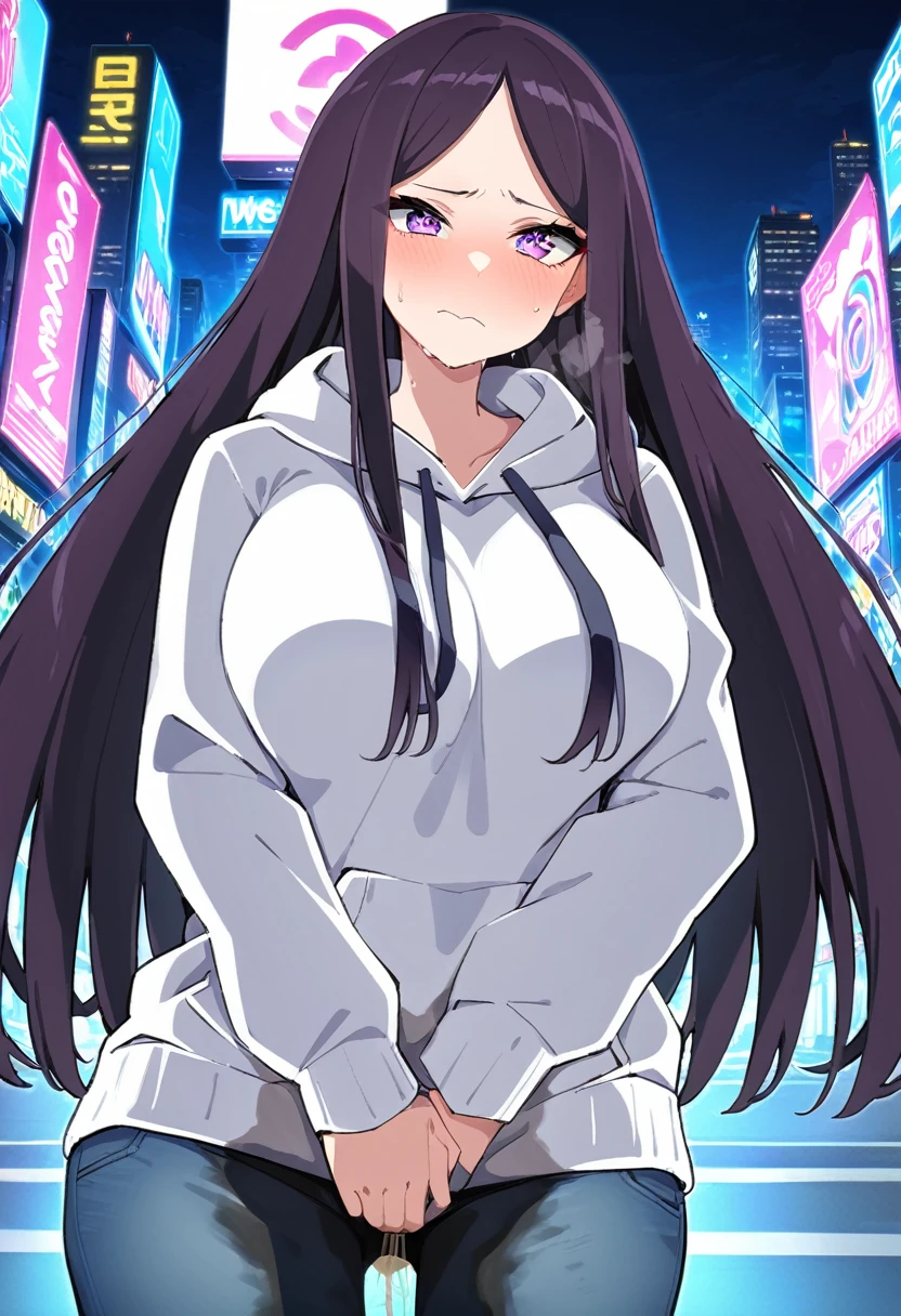 (masterpiece:1.37), best quality, (extremely detailed:1.37), (1girl:1.5), woman, (mature:1.5), (adult:1.5), large breasts, very long hair, (straight hair:1.5), dark purple hair, purple eyes, (extremely detailed eyes:1.37), hoodie, jeans, desperation, (wetting self:1.5), standing, embarrassed, humiliation, blushing, angry, city, futuristic, neon lighting, high-tech, street, skyscraper