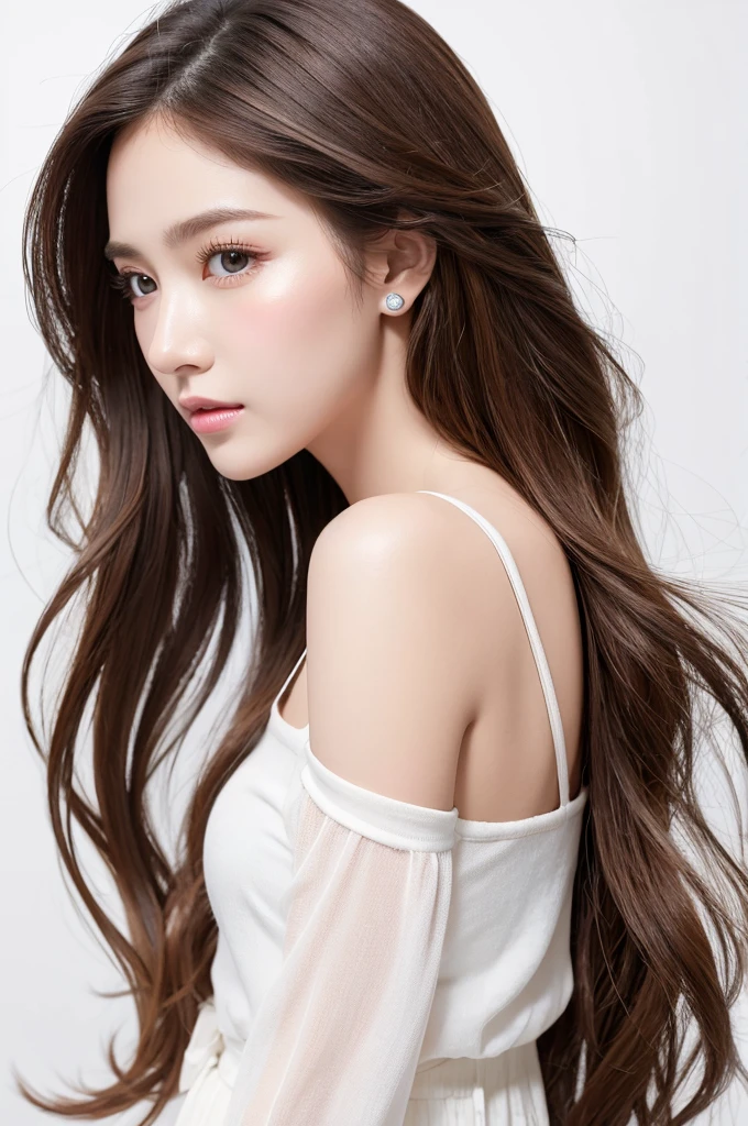 (Highest quality、Tabletop、8K、Best image quality、Award-winning works)、((profile:1.4))、ear、((Long Hair:1.46)),(Brown Hair)、(White casual clothes:1.2)、(The simplest pure white background:1.3)、(Perfectly fixed in front:1.1),(Portrait with Space:1.2)、Beautiful and exquisite、Perfect Makeup、Ultra-high definition beauty face、Ultra HD Hair、Ultra HD Shining Eyes、Super high quality glossy lip、Accurate anatomy、Very beautiful skin、(Pure white skin shining in ultra-high resolution:1.1)、(Very bright:1.2),Big Natural Color Lip、Lip gloss,Harajuku、cute、cute美人