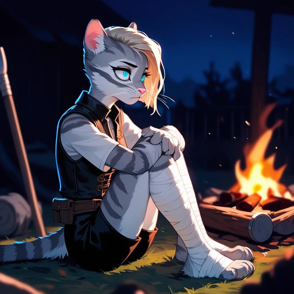 Solo, score_9,score_8_up,score_7_up, source_cartoon, cartoon, kat, Anthro furry feline, female, tall slender body, long blonde hair, long undercut hair, pink nose, blue eyes, white whiskers, silver fur, grey stripes, furry body, wearing black cloth vest, black leather medieval vest, black short shorts, adventuring gear, feet wrapped in bandages, plantigrade feet paws, sitting on the ground, in front of a campfire, tired expression, bags under eyes, at a campsite at night, other mercenaries in the background in the shadows, side view