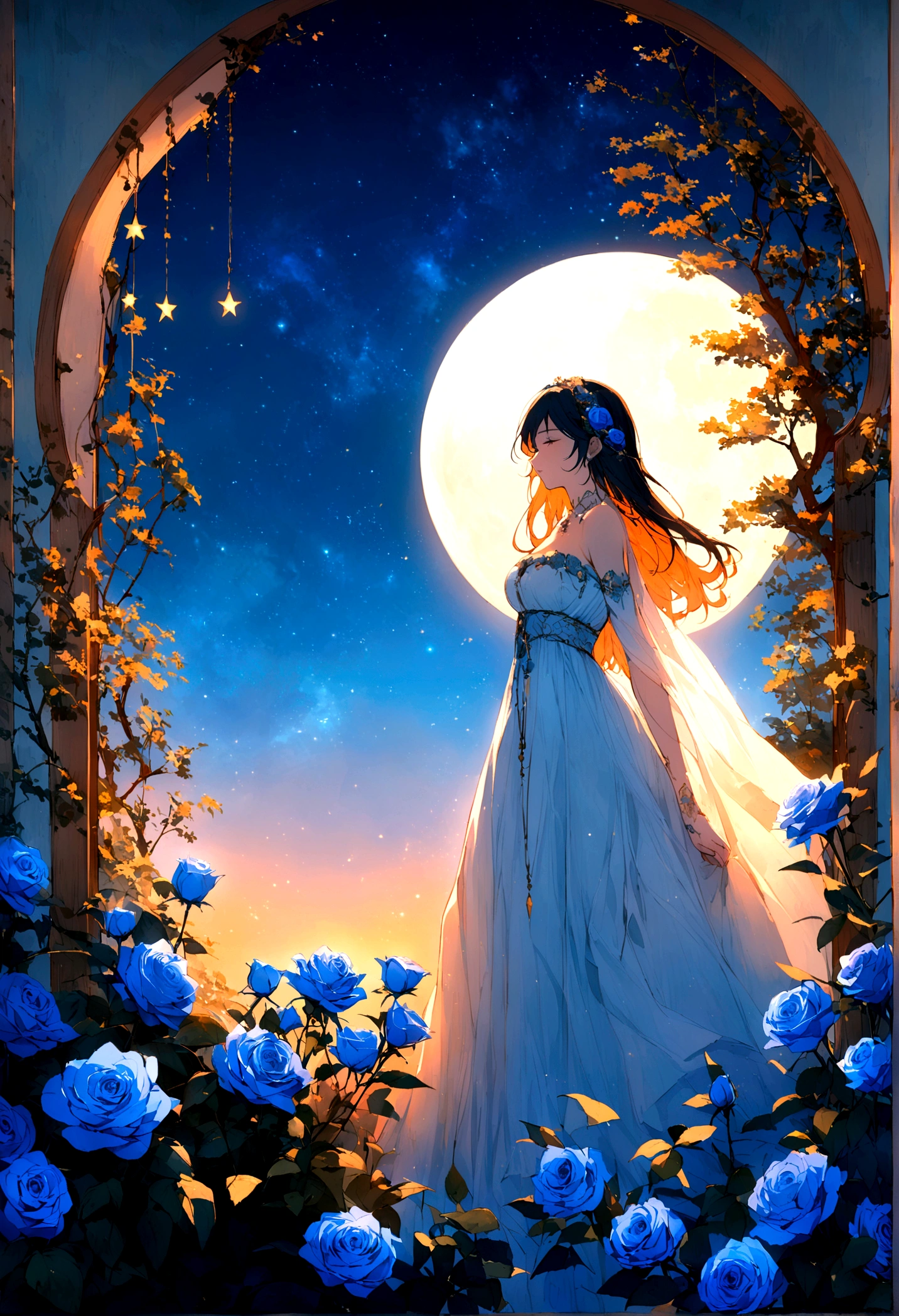 A serene moonlit landscape transitioning to dawn, like a few moments after the sun rises,with the moon in the right and the sun in the left rasing, giving the contrast of the blue and the orange, like giving the yearn of an imposible love between the moon and sun, with difuminated stars watching over a beautiful garden of blue roses.