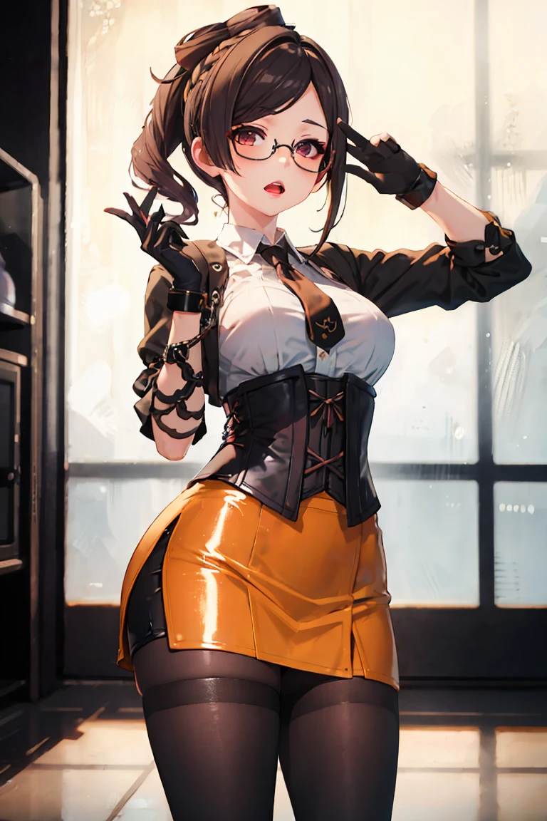 1 girl, Chiori \(genshin impact\), Alone, White collared shirt, black leather corset, black glove that covers your hands, shiny black tight mini skirt, shackles, glasses, looking at the viewer, hand on hip,, inside, depth of field, panting, , expressionless