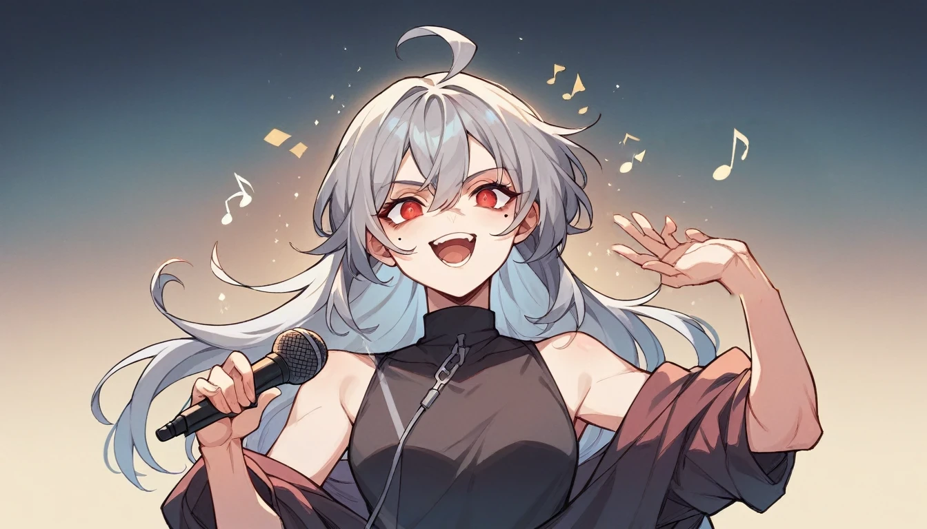 1 girl character。Full body portrait、gray hair color、Glowing red eyes、Long Hair、There is a mole under the left eye、Singing with a microphone、On a transparent background、Depict people only。