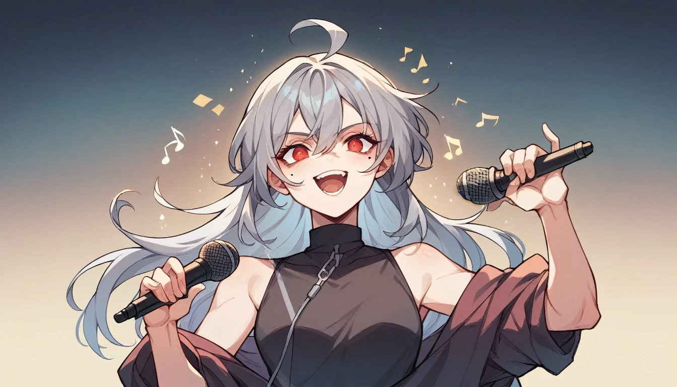 1 girl character。Full body portrait、gray hair color、Glowing red eyes、Long Hair、There is a mole under the left eye、Singing with a microphone、On a transparent background、Depict people only。