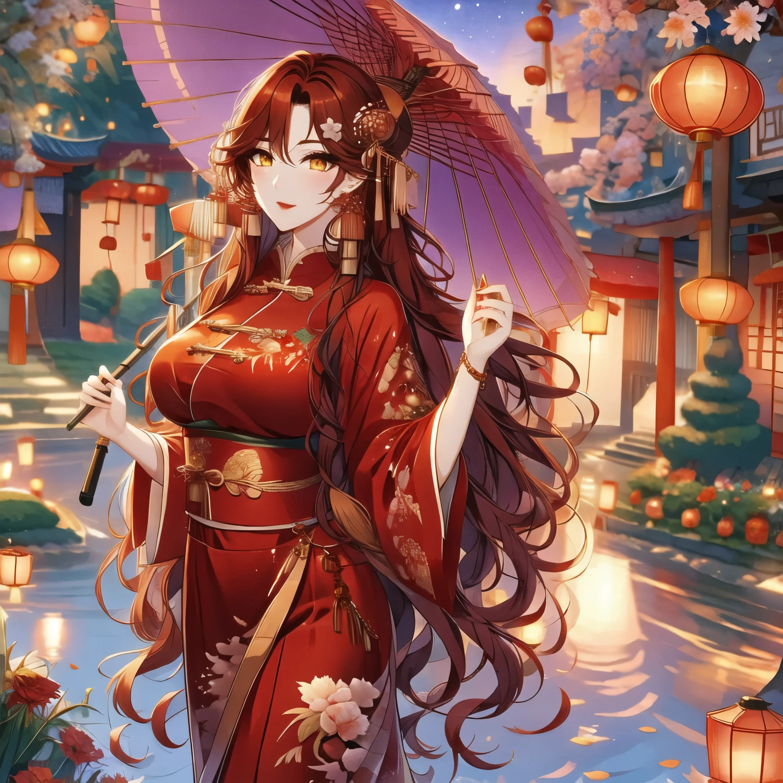 UHD, Textured Skin, High Detail, Anatomically Correct, SOLO, 1 Female, Xian mei, Unique Gold Eyes, Long Red Curly Hair, Jewelry, Round, Big Breasts, Chinese Clothes, Ultra Long Skirt, Chinese Umbrella, Holding Chinese Umbrella , perfect anatomy, walking by the lake, clear water, stars at night, shooting stars, amazing sky, lovely night sky,