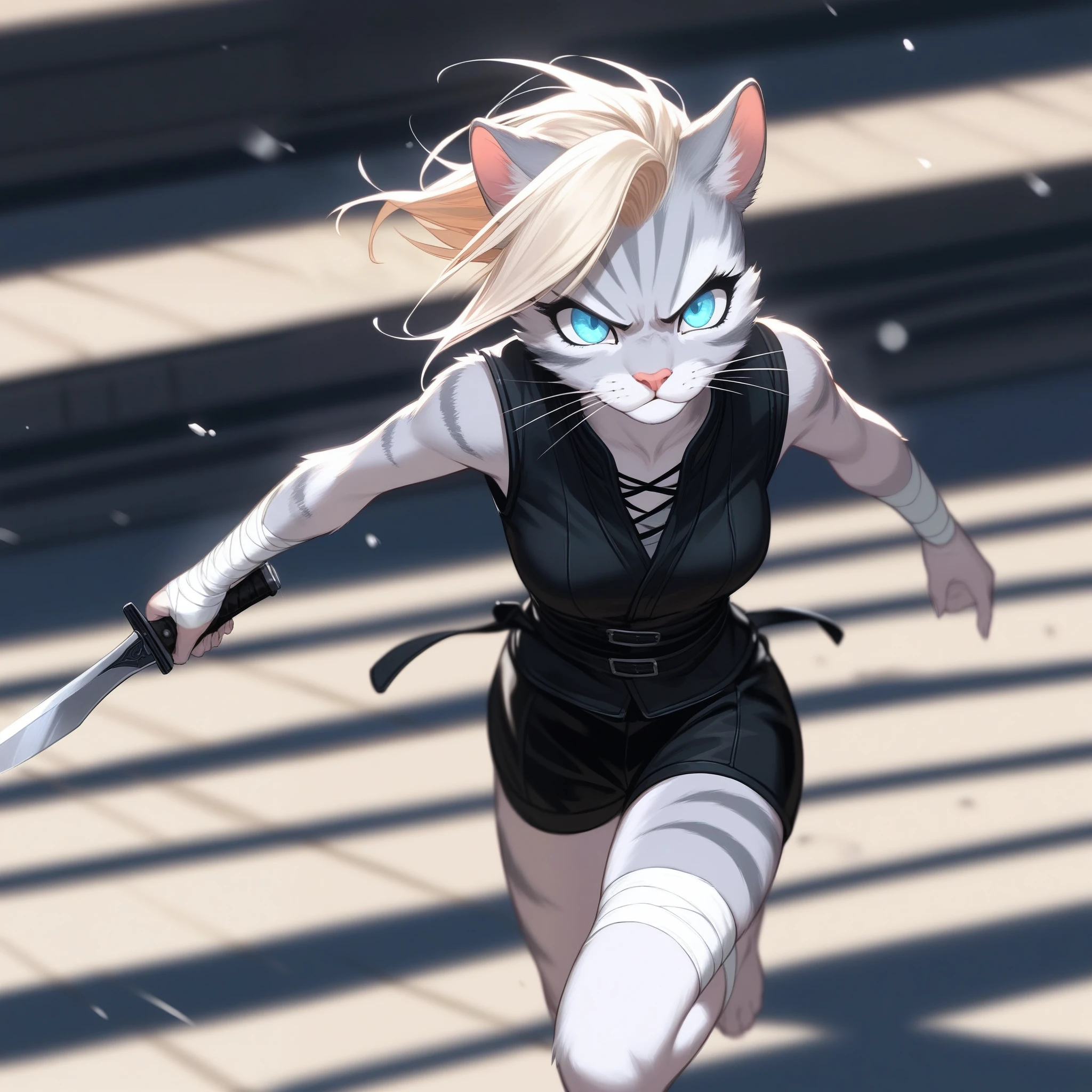 Solo, score_9,score_8_up,score_7_up, source_cartoon, cartoon, kat, Anthro furry feline, female, tall slender body, long blonde hair, long undercut hair, pink nose, blue eyes, white whiskers, silver fur, grey stripes, furry body, wearing black cloth vest, black leather medieval vest, black short shorts, adventuring gear, feet wrapped in bandages, plantigrade feet paws, holding two knives, Naruto running, running towards viewer, angry expression, glowing blue eyes, outdoors, from above, dynamic action shot, speed lines, motion blur, hands behind back