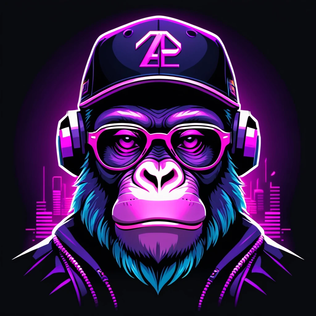 neonpunk style Ape head with cap and cyberpunk glasses, futuristic style, t-shirt design, flat colors, vector art, ((black background)) . cyberpunk, vaporwave, neon, vibes, vibrant, stunningly beautiful, crisp, detailed, sleek, ultramodern, magenta highlights, dark purple shadows, high contrast, cinematic, ultra detailed, intricate, professional