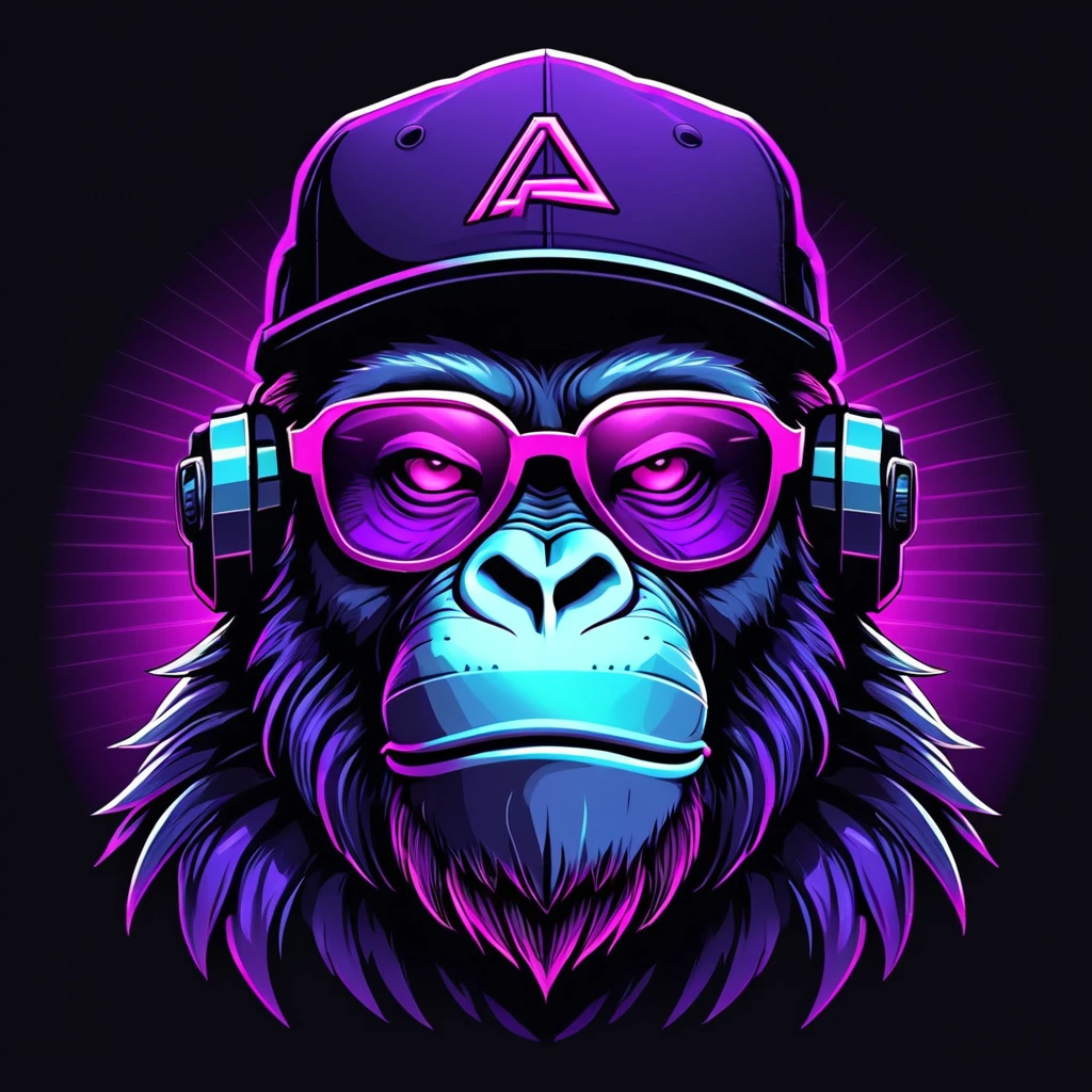 neonpunk style Ape head with cap and cyberpunk glasses, futuristic style, t-shirt design, flat colors, vector art, ((black background)) . cyberpunk, vaporwave, neon, vibes, vibrant, stunningly beautiful, crisp, detailed, sleek, ultramodern, magenta highlights, dark purple shadows, high contrast, cinematic, ultra detailed, intricate, professional