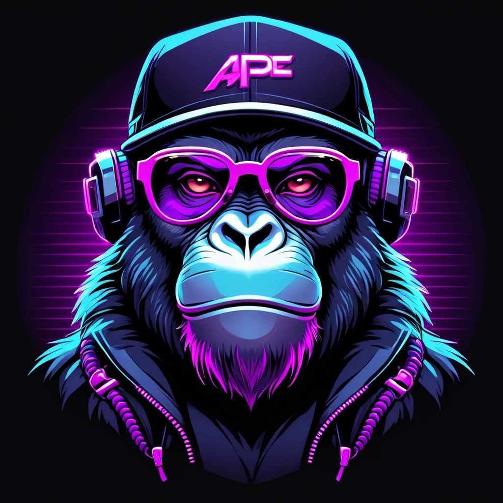 neonpunk style Ape head with cap and cyberpunk glasses, futuristic style, t-shirt design, flat colors, vector art, ((black background)) . cyberpunk, vaporwave, neon, vibes, vibrant, stunningly beautiful, crisp, detailed, sleek, ultramodern, magenta highlights, dark purple shadows, high contrast, cinematic, ultra detailed, intricate, professional