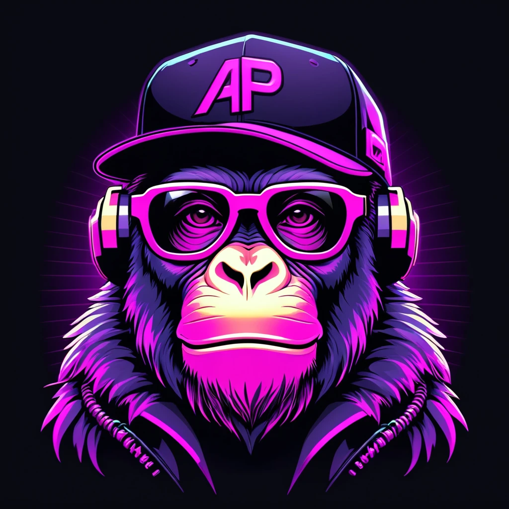 neonpunk style Ape head with cap and cyberpunk glasses, futuristic style, t-shirt design, flat colors, vector art, ((black background)) . cyberpunk, vaporwave, neon, vibes, vibrant, stunningly beautiful, crisp, detailed, sleek, ultramodern, magenta highlights, dark purple shadows, high contrast, cinematic, ultra detailed, intricate, professional
