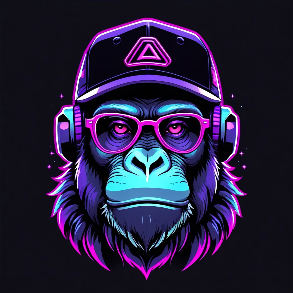 neonpunk style Ape head with cap and cyberpunk glasses, futuristic style, t-shirt design, flat colors, vector art, ((black background)) . cyberpunk, vaporwave, neon, vibes, vibrant, stunningly beautiful, crisp, detailed, sleek, ultramodern, magenta highlights, dark purple shadows, high contrast, cinematic, ultra detailed, intricate, professional