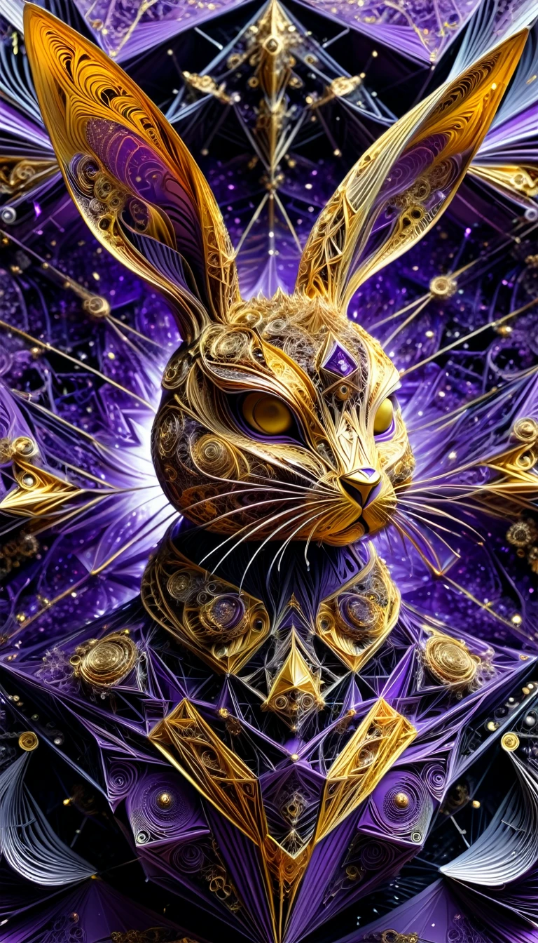 2D origami art collage with gold and silver foil on glossy purple paper . Striking abstract fractal patterns with a Playboy Bunny theme . Philippe Vignal and Takato Yamamoto Style . alluring and terrifying. masterpiece., Neon atmosphere, Abstract Black Oil Painting, gear mecha, Detailed Acrylic, Grunge, intricate complexity, Rendered in Unreal Engine, Realistic, High resolution, high quality, masterpiece