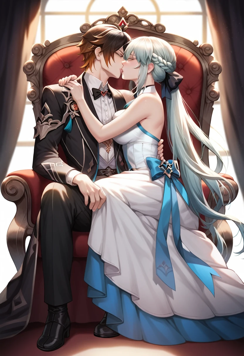 best quality, 4k, high resolution , anime girl , anime boy, young boy, tall boy, young girl, 24 years old, bangs, long hair, relaxed face, perfect shot, perfect anatomy, detailed face, detailed eyes, throne background , tall girl , 1girl, 1boy,  realistic, 4k , masterpiece , ilustration, digital art, full body, morgan le fay, fate grand order, standing , morgan le fay kissing with zhongli, kiss, kissing, zhongli, genshin impact, eyes close