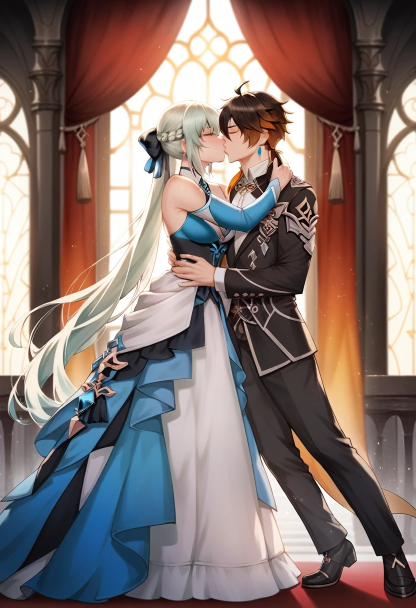 best quality, 4k, high resolution , anime girl , anime boy, young boy, tall boy, young girl, 24 years old, bangs, long hair, relaxed face, perfect shot, perfect anatomy, detailed face, detailed eyes, throne background , tall girl , 1girl, 1boy,  realistic, 4k , masterpiece , ilustration, digital art, full body, morgan le fay, fate grand order, standing , morgan le fay kissing with zhongli, kiss, kissing, zhongli, genshin impact, eyes close