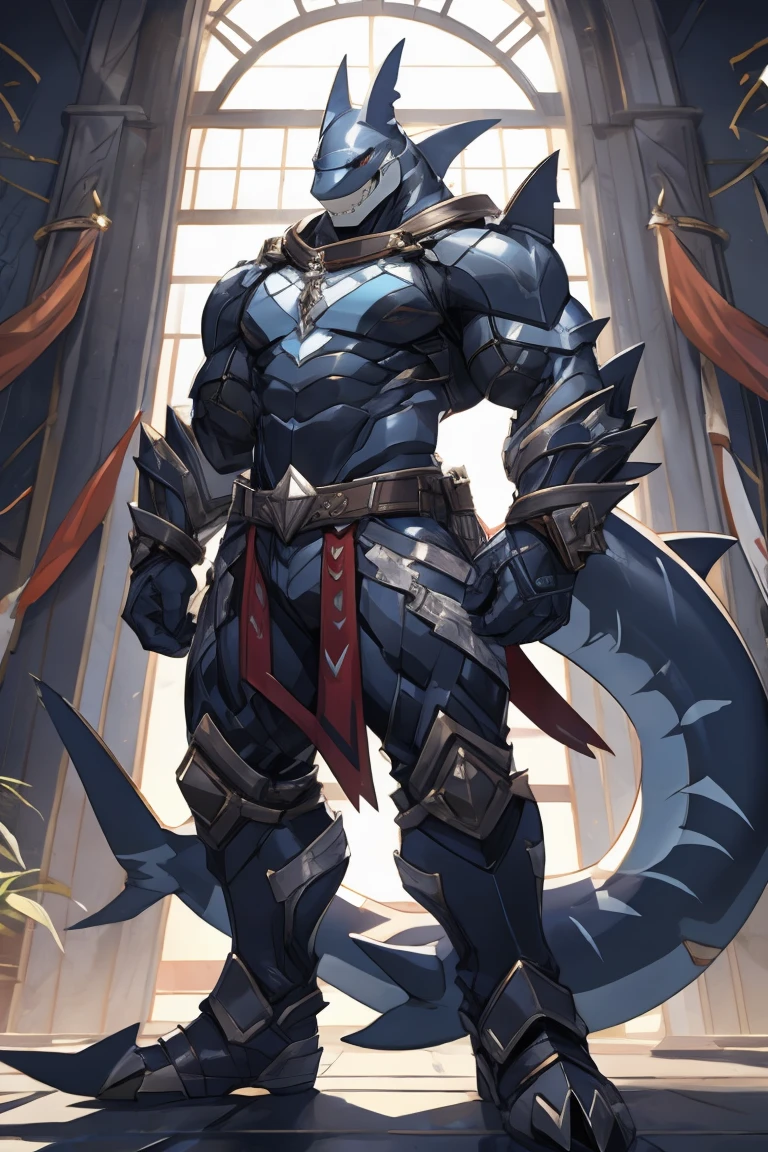 shark man medieveal in confidence pose, full body, frontal pose