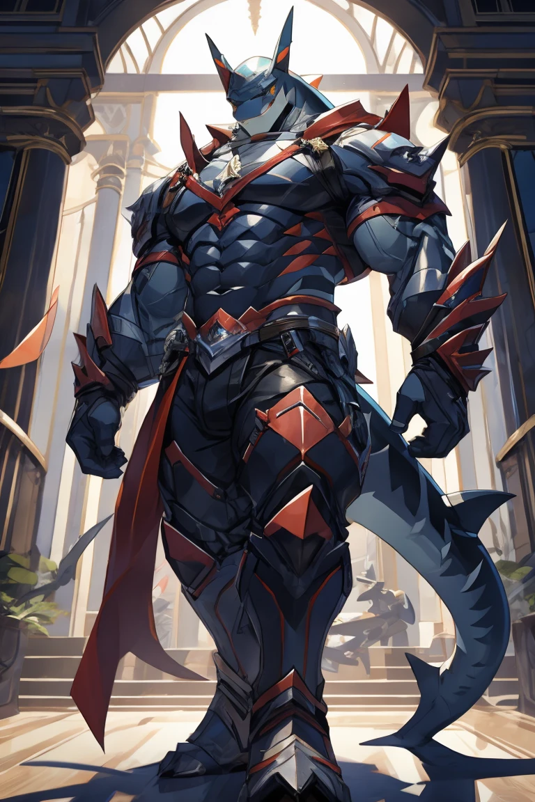 shark man medieveal in confidence pose, full body, frontal pose
