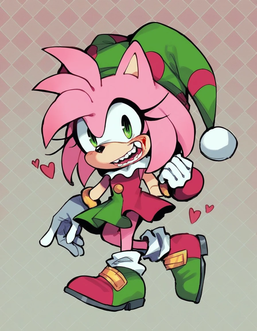 rosy_alt, solo, white gloves, 1girl, hat, full body, female focus, heart on dress, checkered background, pink jester cap, furry, hedgehog, pink fur, two tone fur, crazy black eyes, green headband, pink cheeks, blood on face, green and red jester dress, green skirt, red jester shoes, source, white painted face, amy_rose, huge yellow teeth