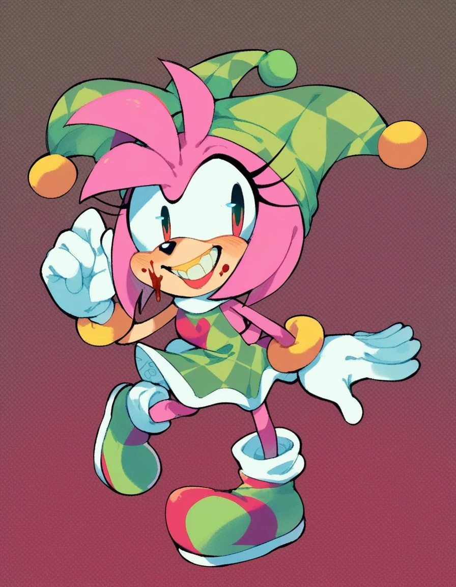 rosy_alt, solo, white gloves, 1girl, hat, full body, female focus, heart on dress, checkered background, pink jester cap, furry, hedgehog, pink fur, two tone fur, crazy black eyes, green headband, pink cheeks, blood on face, green and red jester dress, green skirt, red jester shoes, source, white painted face, amy_rose, huge yellow teeth