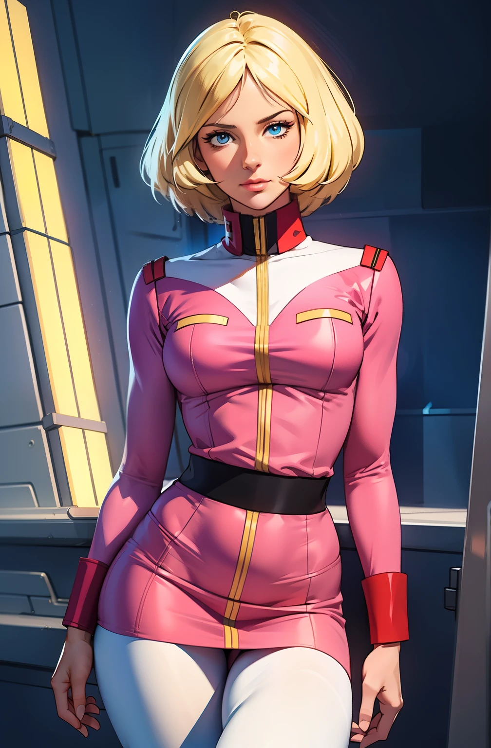 ((masterpiece)), ((cinematic lighting)), realistic photo、Real Images、Top image quality、1girl in, sayla mass, Elegant, masterpiece, Convoluted, slim arms, wide hips, thick thighs, thigh gaps, Best Quality, absurderes, high face detail, Perfect eyes, mature, Cowboy Shot, , Vibrant colors, soft pink uniform, soft pink Skirt, white tights