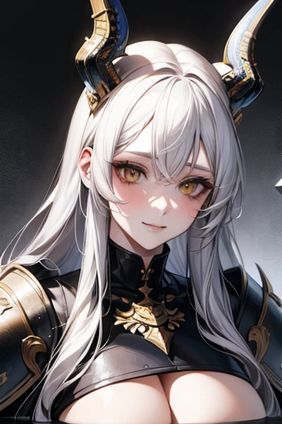 masterpiece, alone, 1 female, Long Hair, White Hair,Precise yellow eyes, Black Leather, fur, Smile Facial,Dragon Armor,battlefield,Big Breasts,sexy
