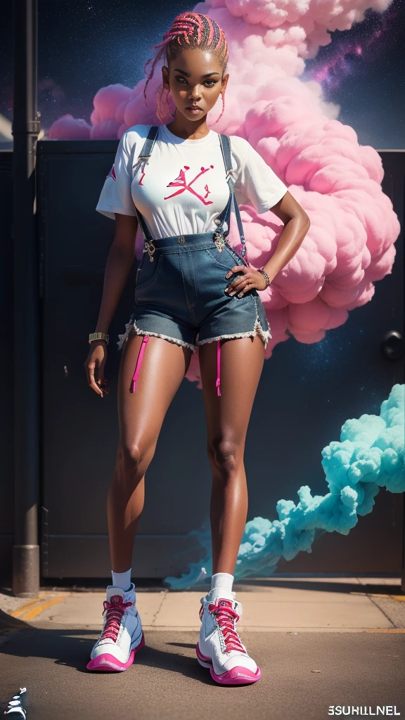 18 year old female with dark skin, Braided 3 different colors neon Pink and Neon Green, contrasting color hair, white overalls, (overall suspenders:1.5), (Retro Air Jordan 11 Taxi sneakers:1.5), seductive look, Bioluminescent, City Girls, looking at camera, chubby, 1girl:1.2, body covered in Diamonds and Jewelry A Centerfold named Shauntice, Mixed Race instagram Biracial Ethnic Caremel skin-Mode:1.2, Streetwear Hypebeast supreme:1.3 \(brand\), words on body:1.1, Instagram Braid Artist instagram Hair stylist (1girl), 2 colored hair, (Nebula smoke behind head and eyes Ethereal:1.2, , Alberto Seveso, fantasy art:1.1, ((Fantasy background)) , long smoke hair:1.2, outdoors, aestheticism), (goosebumps:0.5), subsurface scattering, (masterpiece, top quality, best quality, official art, beautiful and aesthetic:1.2), extreme detailed, colorful, highest detailed