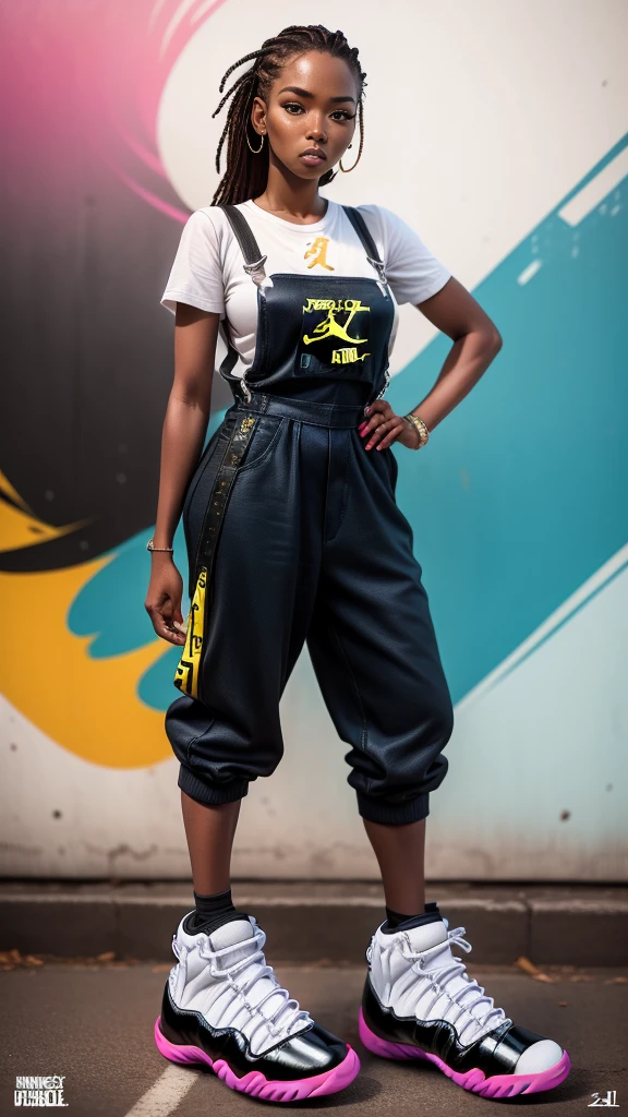 18 year old female with dark skin, Braided 3 different colors neon Pink and Neon Green, contrasting color hair, white overalls, (overall suspenders:1.5), (Retro Air Jordan 11 Taxi sneakers:1.5), seductive look, Bioluminescent, City Girls, looking at camera, chubby, 1girl:1.2, body covered in Diamonds and Jewelry A Centerfold named Shauntice, Mixed Race instagram Biracial Ethnic Caremel skin-Mode:1.2, Streetwear Hypebeast supreme:1.3 \(brand\), words on body:1.1, Instagram Braid Artist instagram Hair stylist (1girl), 2 colored hair, (Nebula smoke behind head and eyes Ethereal:1.2, , Alberto Seveso, fantasy art:1.1, ((Fantasy background)) , long smoke hair:1.2, outdoors, aestheticism), (goosebumps:0.5), subsurface scattering, (masterpiece, top quality, best quality, official art, beautiful and aesthetic:1.2), extreme detailed, colorful, highest detailed