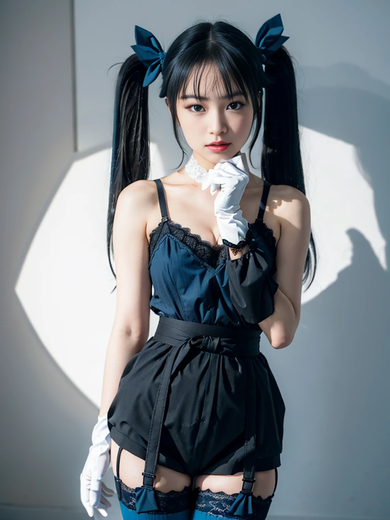 (8K, Raw photo, Best Quality, masutepiece:1.2), high-definition RAW color photography, professional photograpy, (Realistic, photographrealistic:1.37), ((Best Quality)), various attractive posing, full body shot;1.2. ung girl, asymmetrical legwear, (black bow:1.2), black ribbon, (blue hair:1.5), bow, breloves,(hair bow:1.3), (very long hair:1.2), simple background, standing, striped bow, thighhighs, white background, white gloves, (lace legwear:1.2), Delicate hands, detailed fingers, five fingers, (one hand pinching tist:1.3), (twintails:1.3), realhands, nsfw