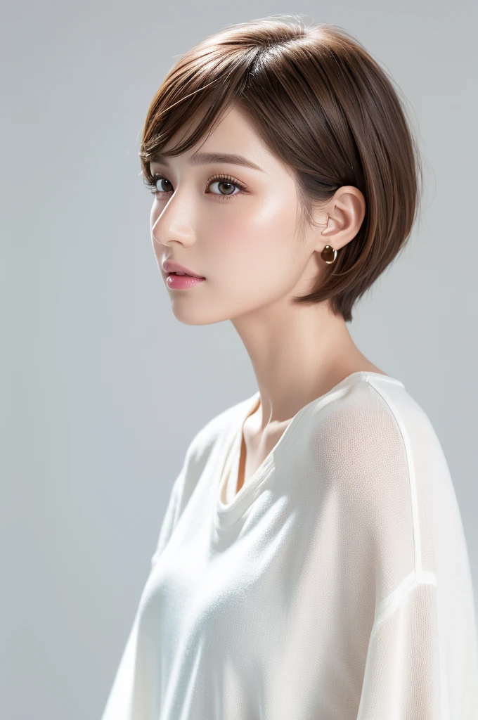 (Highest quality、Tabletop、8K、Best image quality、Award-winning works)、((profile:1.4))、ear、((short hair:1.46)),(Brown Hair)、(White casual clothes:1.2)、(The simplest pure white background:1.3)、(Perfectly fixed in front:1.1),(Portrait with Space:1.2)、Beautiful and exquisite、Perfect Makeup、Ultra-high definition beauty face、Ultra HD Hair、Ultra HD Shining Eyes、Super high quality glossy lip、Accurate anatomy、Very beautiful skin、(Pure white skin shining in ultra-high resolution:1.1)、(Very bright:1.2),Big Natural Color Lip、Lip gloss,Harajuku、cute、cute美人