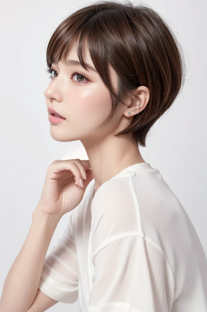 (Highest quality、Tabletop、8K、Best image quality、Award-winning works)、((profile:1.4))、ear、((short hair:1.46)),(Brown Hair)、(White casual clothes:1.2)、(The simplest pure white background:1.3)、(Perfectly fixed in front:1.1),(Portrait with Space:1.2)、Beautiful and exquisite、Perfect Makeup、Ultra-high definition beauty face、Ultra HD Hair、Ultra HD Shining Eyes、Super high quality glossy lip、Accurate anatomy、Very beautiful skin、(Pure white skin shining in ultra-high resolution:1.1)、(Very bright:1.2),Big Natural Color Lip、Lip gloss,Harajuku、cute、cute美人