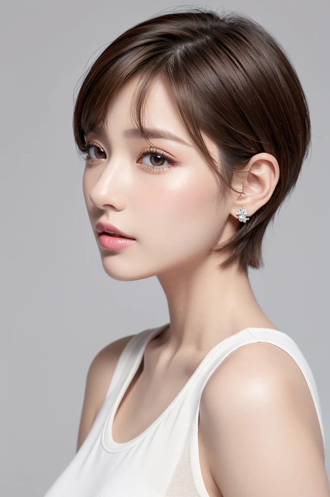 (Highest quality、Tabletop、8K、Best image quality、Award-winning works)、((profile:1.4))、ear、((short hair:1.46)),(Brown Hair)、(White casual clothes:1.2)、(The simplest pure white background:1.3)、(Perfectly fixed in front:1.1),(Portrait with Space:1.2)、Beautiful and exquisite、Perfect Makeup、Ultra-high definition beauty face、Ultra HD Hair、Ultra HD Shining Eyes、Super high quality glossy lip、Accurate anatomy、Very beautiful skin、(Pure white skin shining in ultra-high resolution:1.1)、(Very bright:1.2),Big Natural Color Lip、Lip gloss,Harajuku、cute、cute美人
