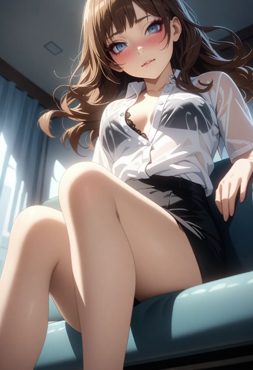 ((masterpiece, Best Quality, high resolution, 2D anime, 4K)), 20yo attractive female, Solo, pretty、cowboy shot、 ((long Wave Hair, Bangs, Brown hair)), ((slit eyes, Beautiful eyelashes, Realistic eyes)), ((natural makeup, watery lip, Detailed face, Blushing:1.2)), ((Smooth texture:0.75, Realistic texture:0.65, Photorealistic:1.1)), medium breasts, Perfect body, ((taking off unbuttoned casual clothes, see-through White business shirt, Black tight skirt、、bare foot:1.3)), bedroom without people、Sit on a couch、Lower angle, taking foot off、early evening、Very embarrassing smile、(Lift the skirt with your right hand、Open both legs、Open your knees wide、Light blue floral lace panties)、、(Cute floral bra)、Angle from below