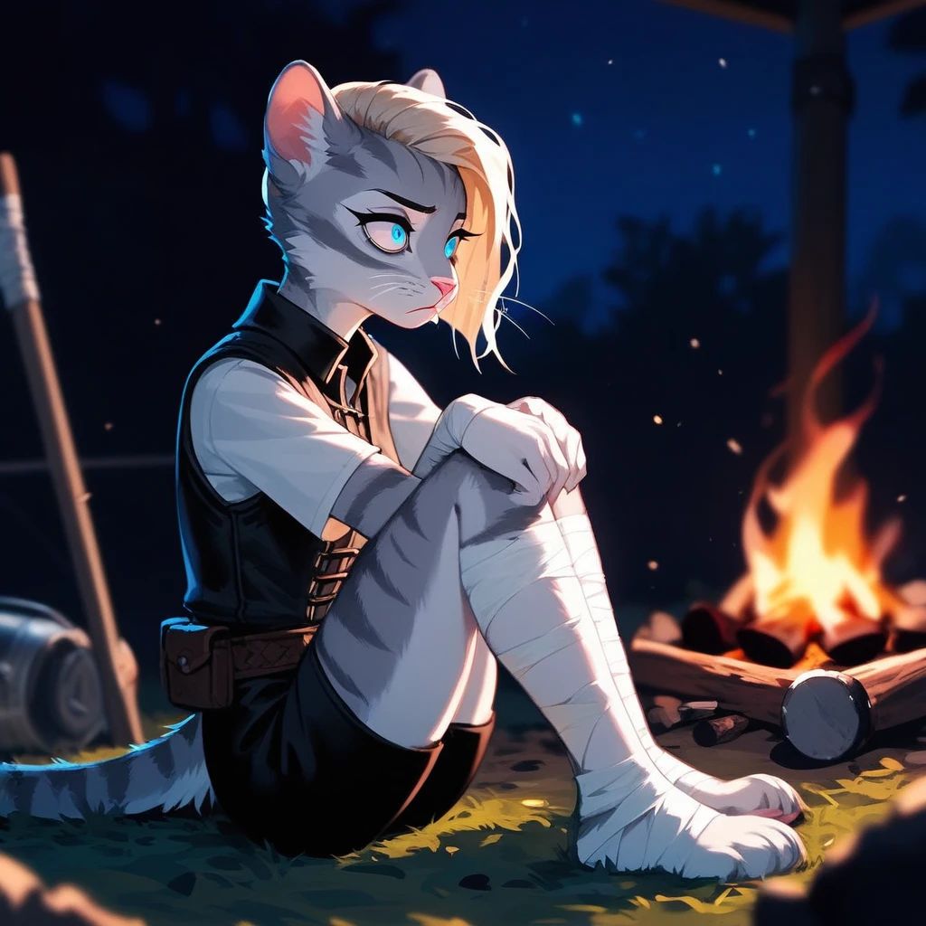 Solo, score_9,score_8_up,score_7_up, source_cartoon, cartoon, kat, Anthro furry feline, female, tall slender body, long blonde hair, long undercut hair, pink nose, blue eyes, white whiskers, silver fur, grey stripes, furry body, wearing black cloth vest, black leather medieval vest, black short shorts, adventuring gear, feet wrapped in bandages, plantigrade feet hi paws, sitting on the ground, in front of a campfire, tired expression, bags under eyes, at a campsite at night, other mercenaries in the background in the shadows, side view