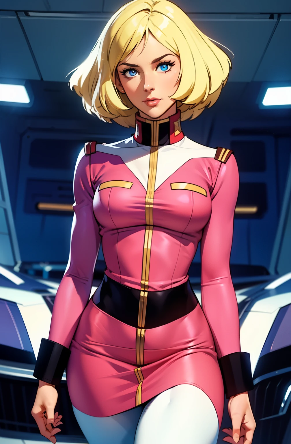 ((masterpiece)), ((cinematic lighting)), realistic photo、Real Images、Top image quality、1girl in, sayla mass, Elegant, masterpiece, Convoluted, slim arms, wide hips, thick thighs, thigh gaps, Best Quality, absurderes, high face detail, Perfect eyes, mature, Cowboy Shot, , Vibrant colors, soft pink uniform, soft pink Skirt, white tights