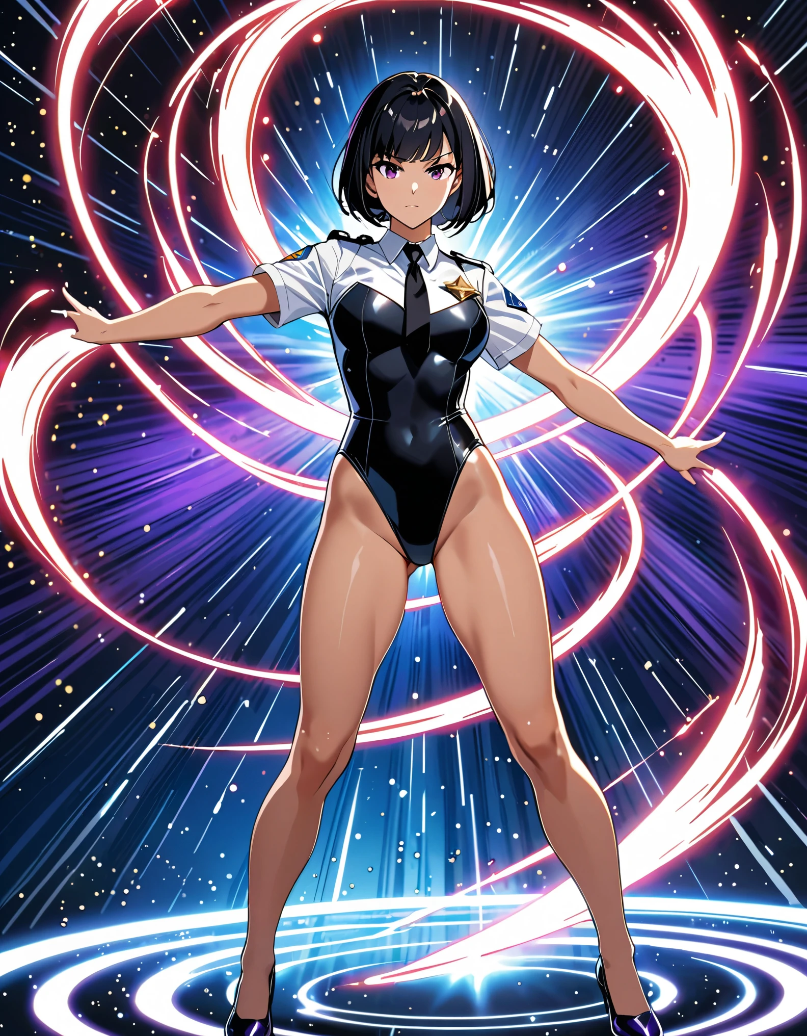 (masterpiece), (best quality), (high res), medium breasts, ((jet black hair, short hair, bob hair, purple eyes, bangs)), japanese police uniform, ((white shirt, black tie)), ((leotard, white and red leotard, matching leotard, bare legs)), matching shoes, badge, solo, solo focus, standing, (full body), cowboy shot, superhero, ((beautiful detailed eyes)), standing straight, full body shot, cowboy shot, superhero, mature lady, (perfect anatomy). spread arms, (spinning), (she spins) fast in place like a (tornado), spinning in place, tornado spinning, rapid gyration, (dynamic spin pose), space backdrop, motion blur, speed lines around her, spiral lines around her, tornado, time warp, (spinning energy pulse around her), light particles, serious.