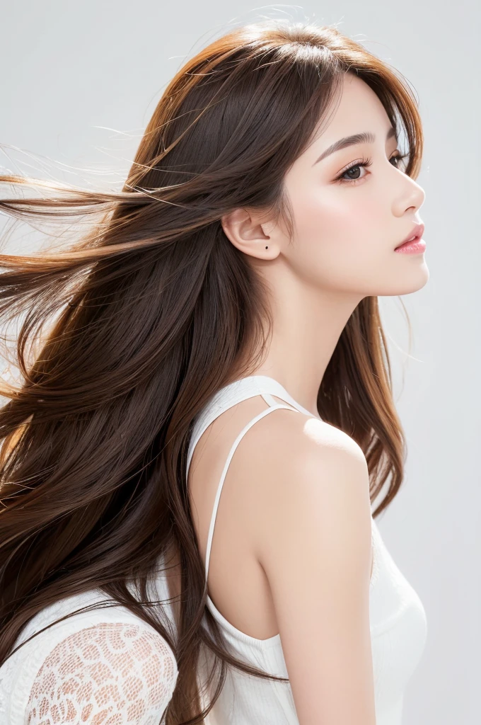 (Highest quality、Tabletop、8K、Best image quality、Award-winning works)、((profile:1.4))、ear、((Long Hair:1.46)),(Brown Hair)、(White casual clothes:1.2)、(The simplest pure white background:1.3)、(Perfectly fixed in front:1.1),(Portrait with Space:1.2)、Beautiful and exquisite、Perfect Makeup、Ultra-high definition beauty face、Ultra HD Hair、Ultra HD Shining Eyes、Super high quality glossy lip、Accurate anatomy、Very beautiful skin、(Pure white skin shining in ultra-high resolution:1.1)、(Very bright:1.2),Big Natural Color Lip、Lip gloss,Harajuku、cute、cute美人