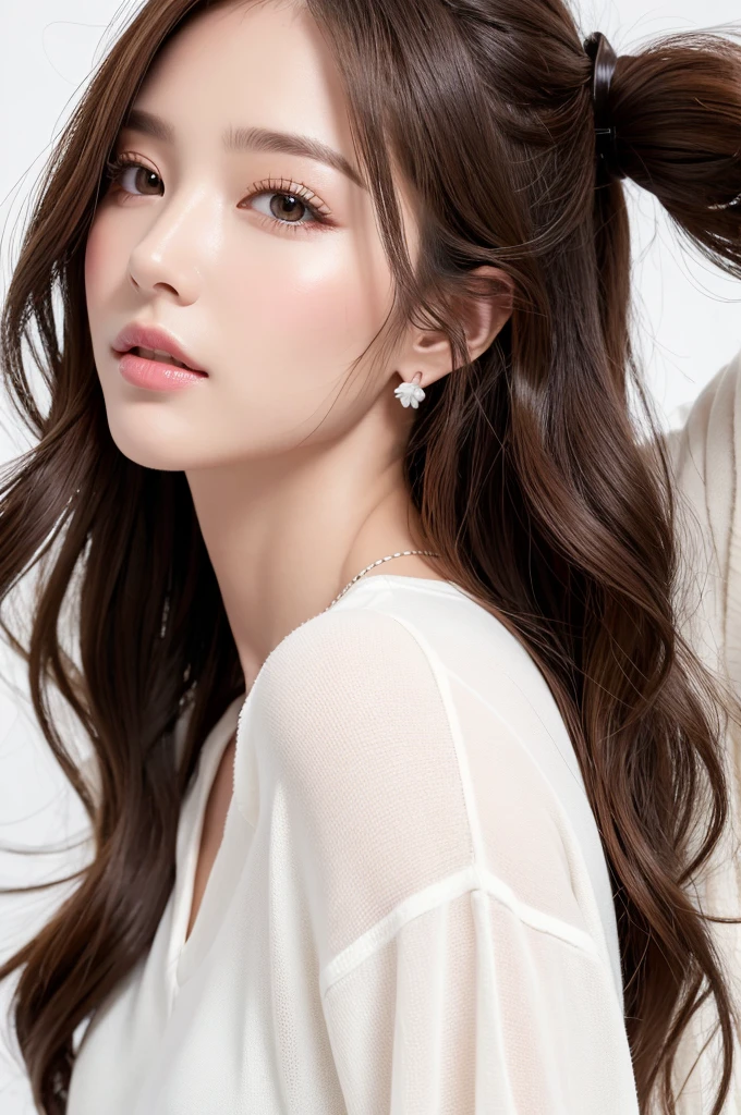 (Highest quality、Tabletop、8K、Best image quality、Award-winning works)、((profile:1.4))、ear、((Long Hair:1.46)),(Brown Hair)、(White casual clothes:1.2)、(The simplest pure white background:1.3)、(Perfectly fixed in front:1.1),(Portrait with Space:1.2)、Beautiful and exquisite、Perfect Makeup、Ultra-high definition beauty face、Ultra HD Hair、Ultra HD Shining Eyes、Super high quality glossy lip、Accurate anatomy、Very beautiful skin、(Pure white skin shining in ultra-high resolution:1.1)、(Very bright:1.2),Big Natural Color Lip、Lip gloss,Harajuku、cute、cute美人