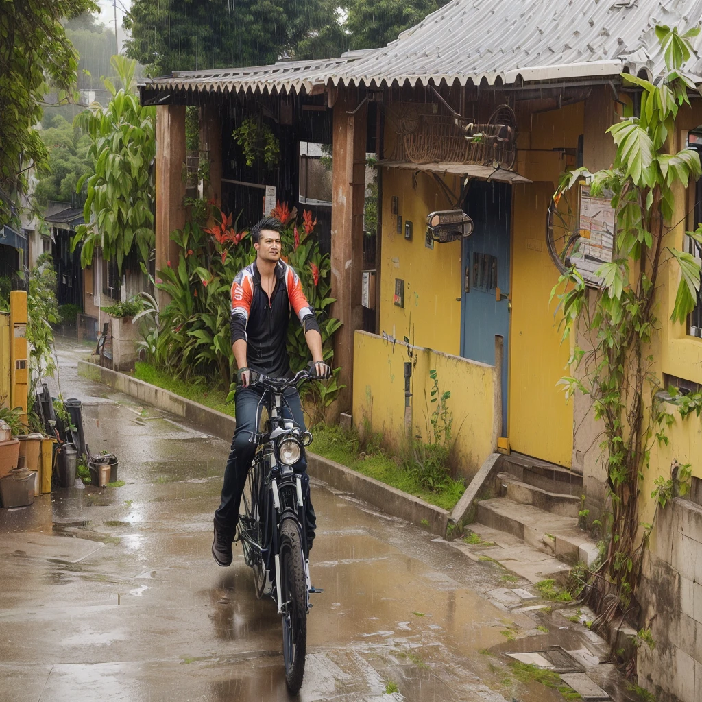 there is a man that is sentado em uma enginebikecicleta in the rain, riding a enginebike, Dirigindo uma enginebike, on tour, sentado em uma enginebikecicleta, enginebike, Thawan Duchanee, in front of the house, album photo, em frente a uma garagem, foto de um enginebikeciclista masculino, enginebiker, riding a enginebike down a street, walking in the city of doom