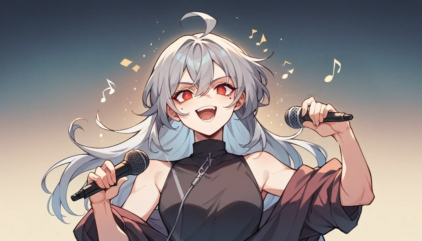 1 teen girl character。Full body portrait、gray hair color、Glowing red eyes、Long Hair、There is a mole under the left eye、Singing with a microphone、On a transparent background、Depict people only。