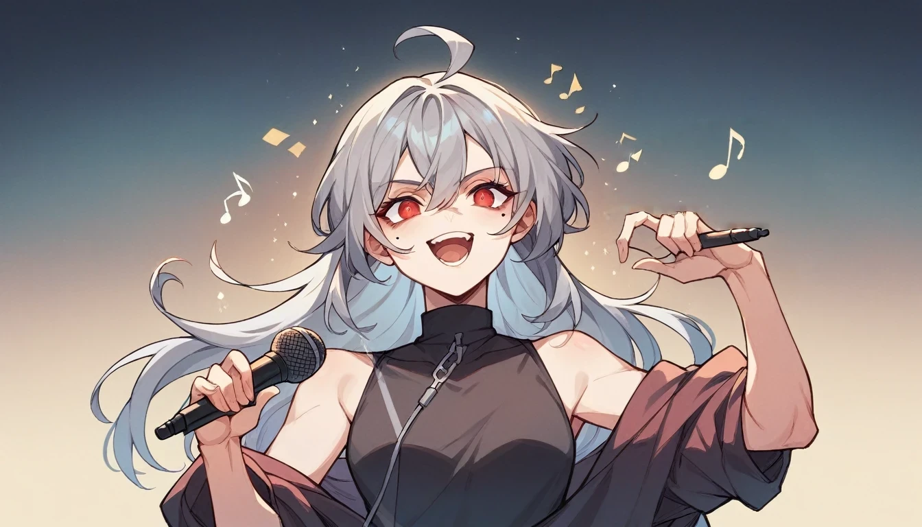 1 teen girl character。Full body portrait、gray hair color、Glowing red eyes、Long Hair、There is a mole under the left eye、Singing with a microphone、On a transparent background、Depict people only。